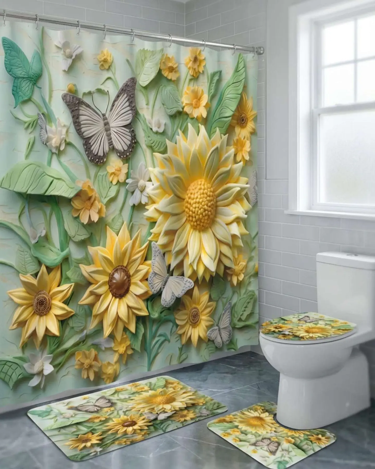 Juego 5 piezas con Cortina de baño de Tela Poliéster y  Forro de Ducha de Plástico 4