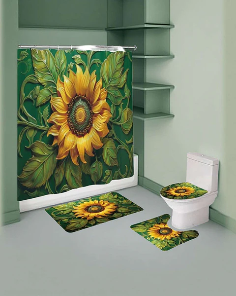 Juego 5 piezas con Cortina de baño de Tela Poliéster y  Forro de Ducha de Plástico