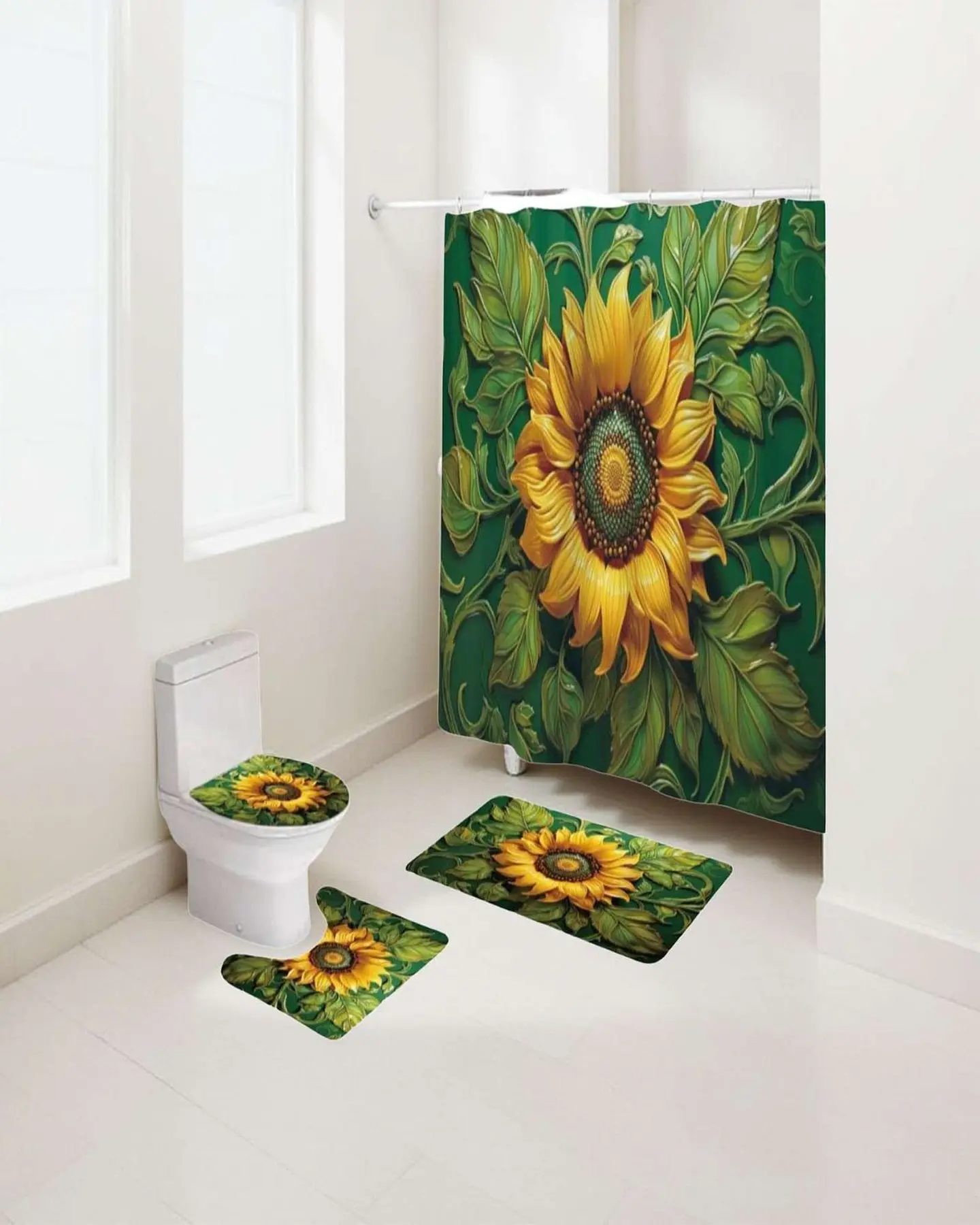 Juego 5 piezas con Cortina de baño de Tela Poliéster y  Forro de Ducha de Plástico 3