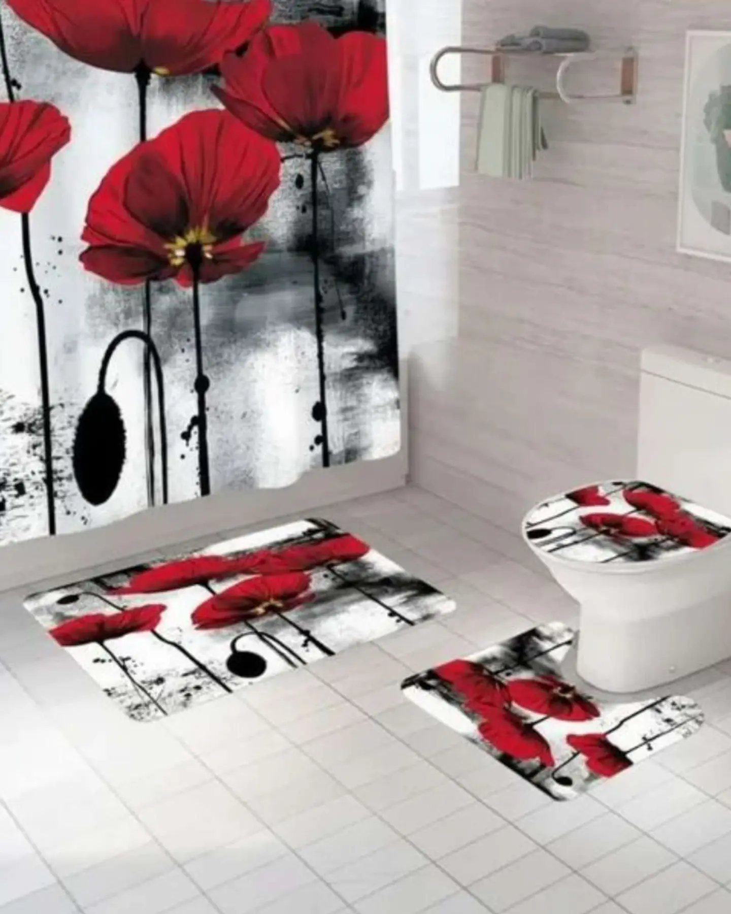 Juego 5 piezas con Cortina de baño de Tela Poliéster y  Forro de Ducha de Plástico 3