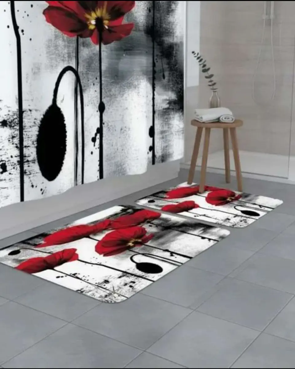 Juego 5 piezas con Cortina de baño de Tela Poliéster y  Forro de Ducha de Plástico 5