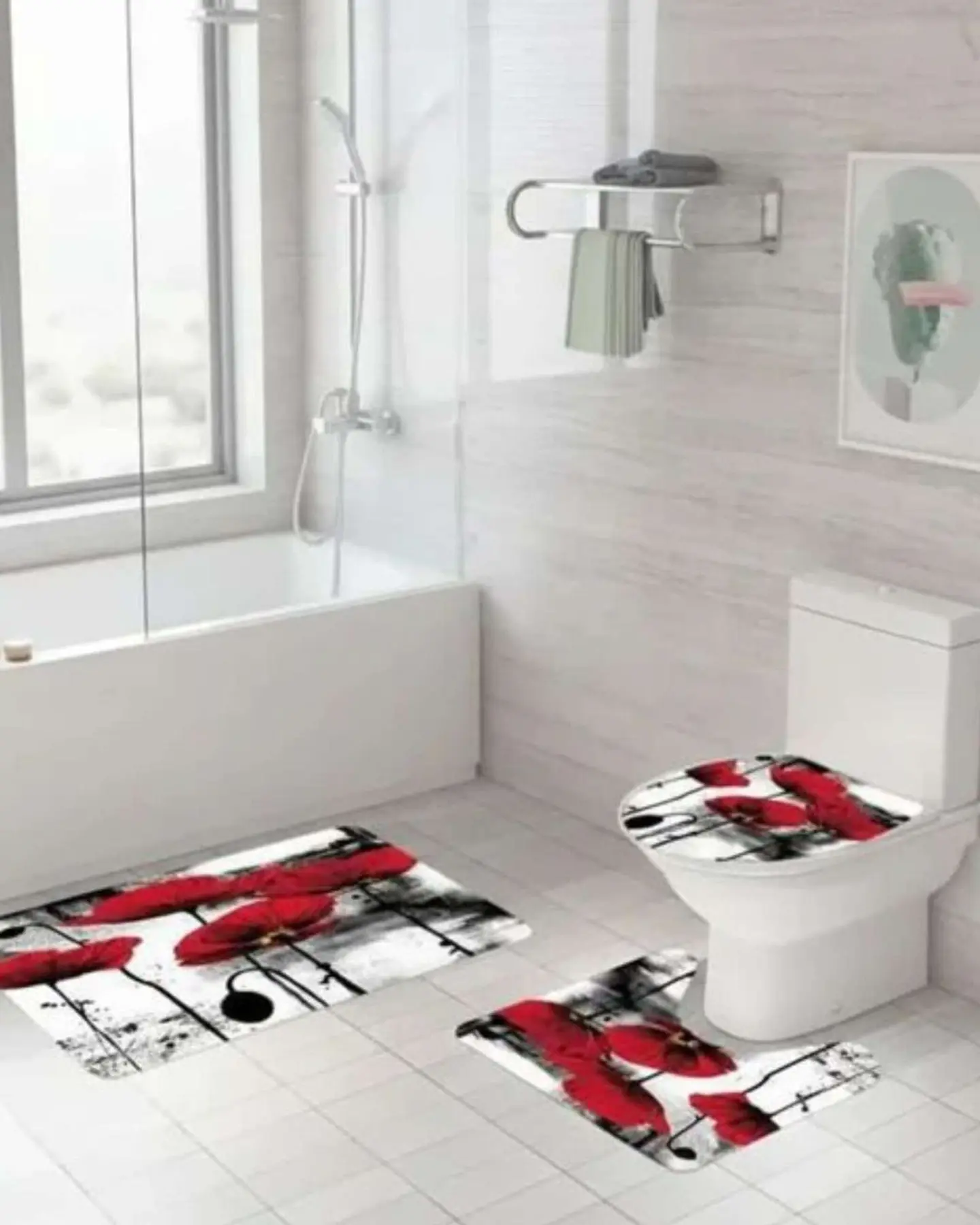 Juego 5 piezas con Cortina de baño de Tela Poliéster y  Forro de Ducha de Plástico 6