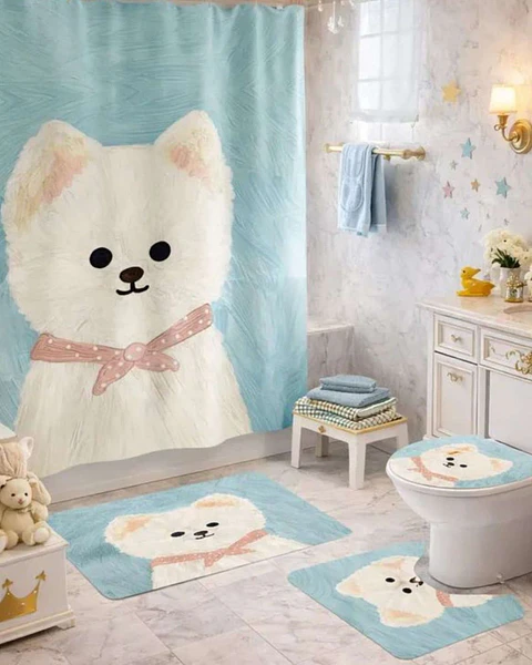Juego 5 piezas con Cortina de baño de Tela Poliéster y  Forro de Ducha de Plástico