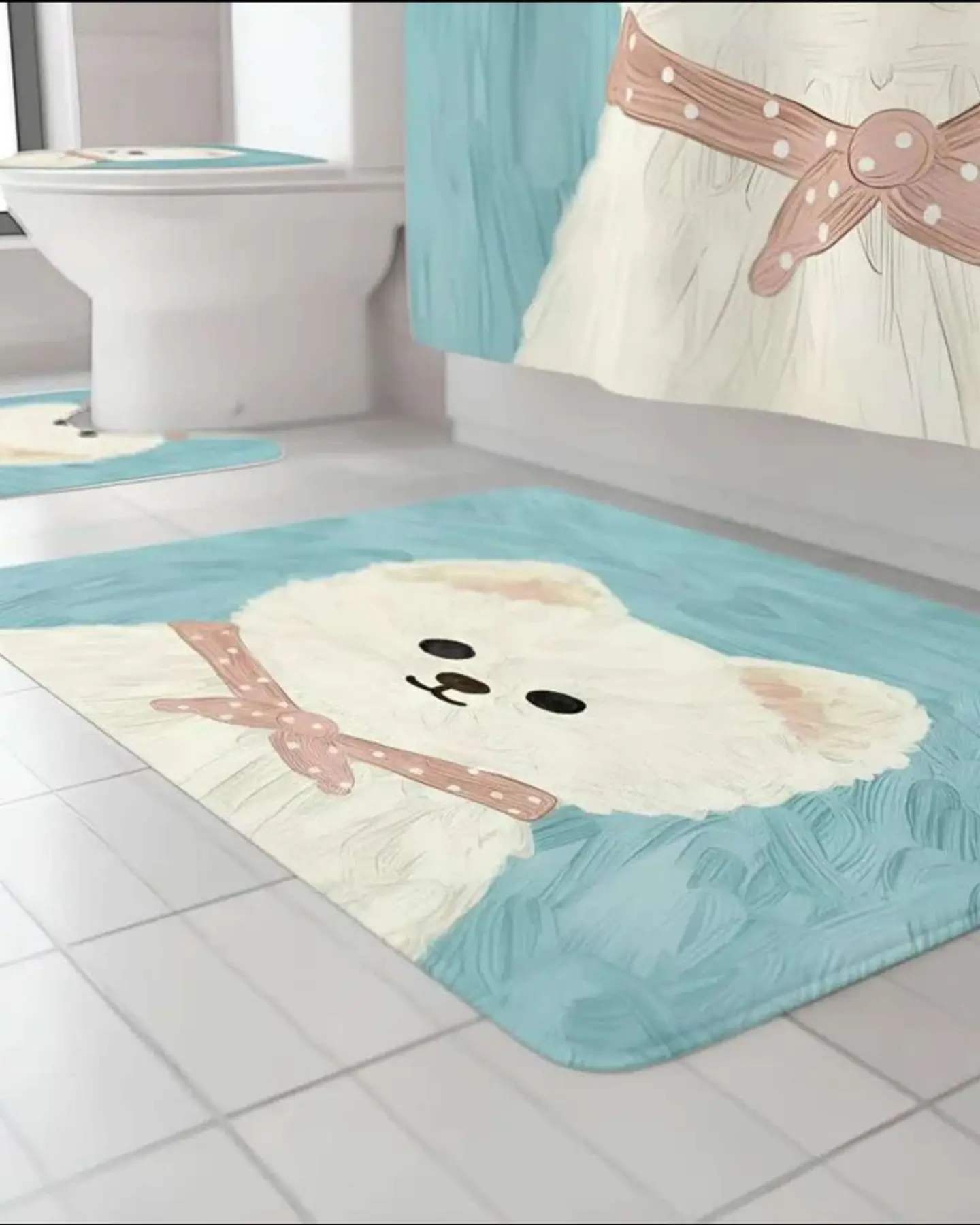Juego 5 piezas con Cortina de baño de Tela Poliéster y  Forro de Ducha de Plástico 4