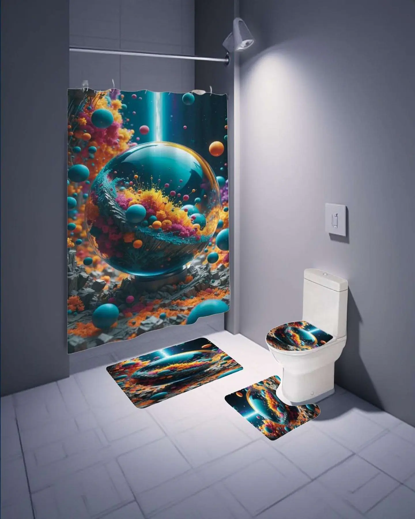 Juego 5 piezas con Cortina de baño de Tela Poliéster y  Forro de Ducha de Plástico 1