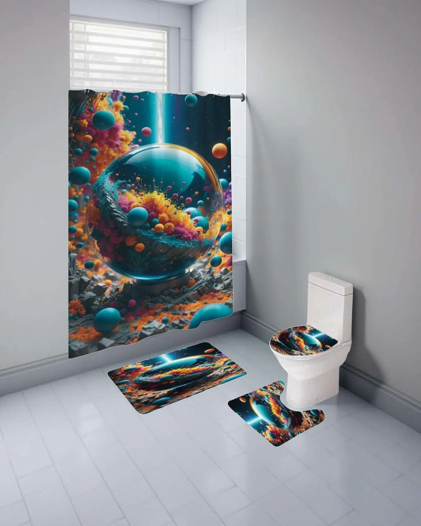 Juego 5 piezas con Cortina de baño de Tela Poliéster y  Forro de Ducha de Plástico 4