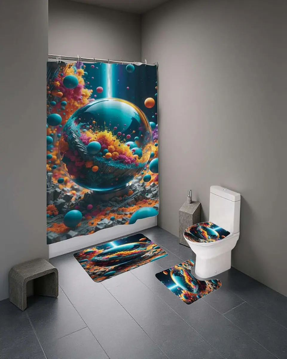 Juego 5 piezas con Cortina de baño de Tela Poliéster y  Forro de Ducha de Plástico 5