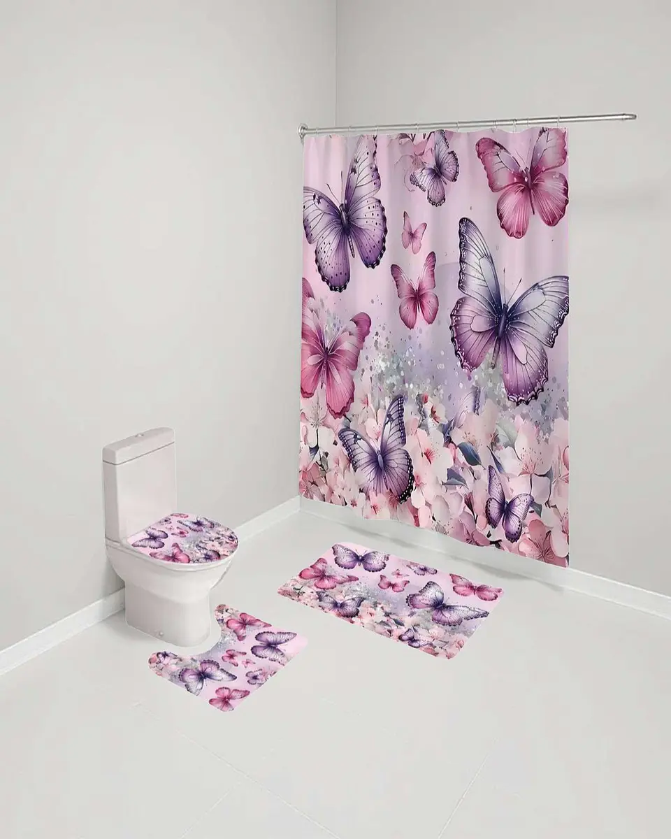 Juego 5 piezas con Cortina de baño de Tela Poliéster y  Forro de Ducha de Plástico 3