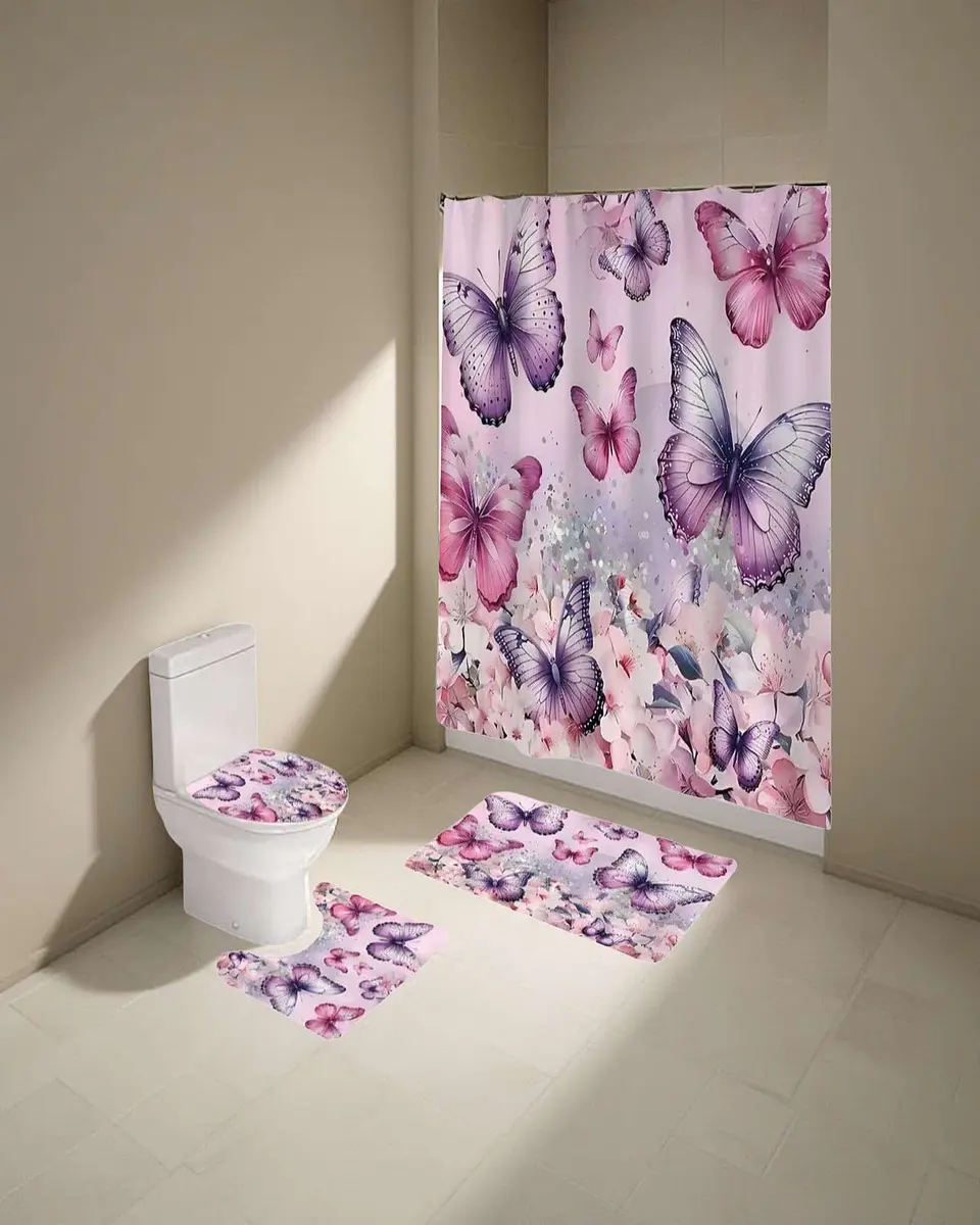 Juego 5 piezas con Cortina de baño de Tela Poliéster y  Forro de Ducha de Plástico 6