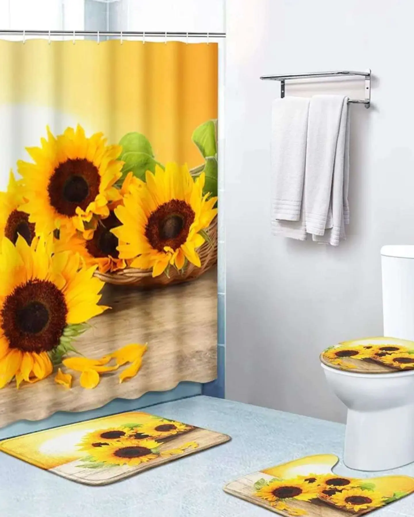 Juego 5 piezas con Cortina de baño de Tela Poliéster y  Forro de Ducha de Plástico 2