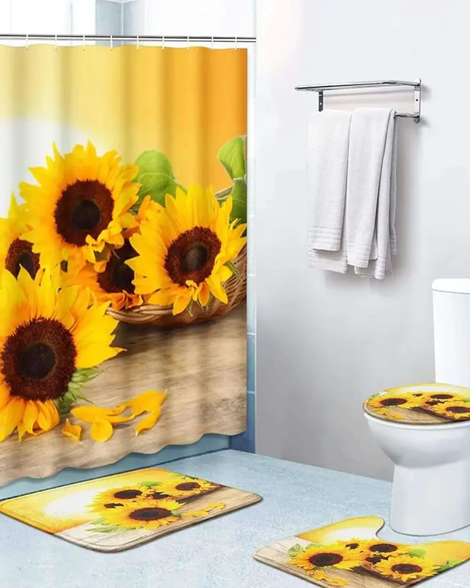Juego 5 piezas con Cortina de baño de Tela Poliéster y  Forro de Ducha de Plástico 2