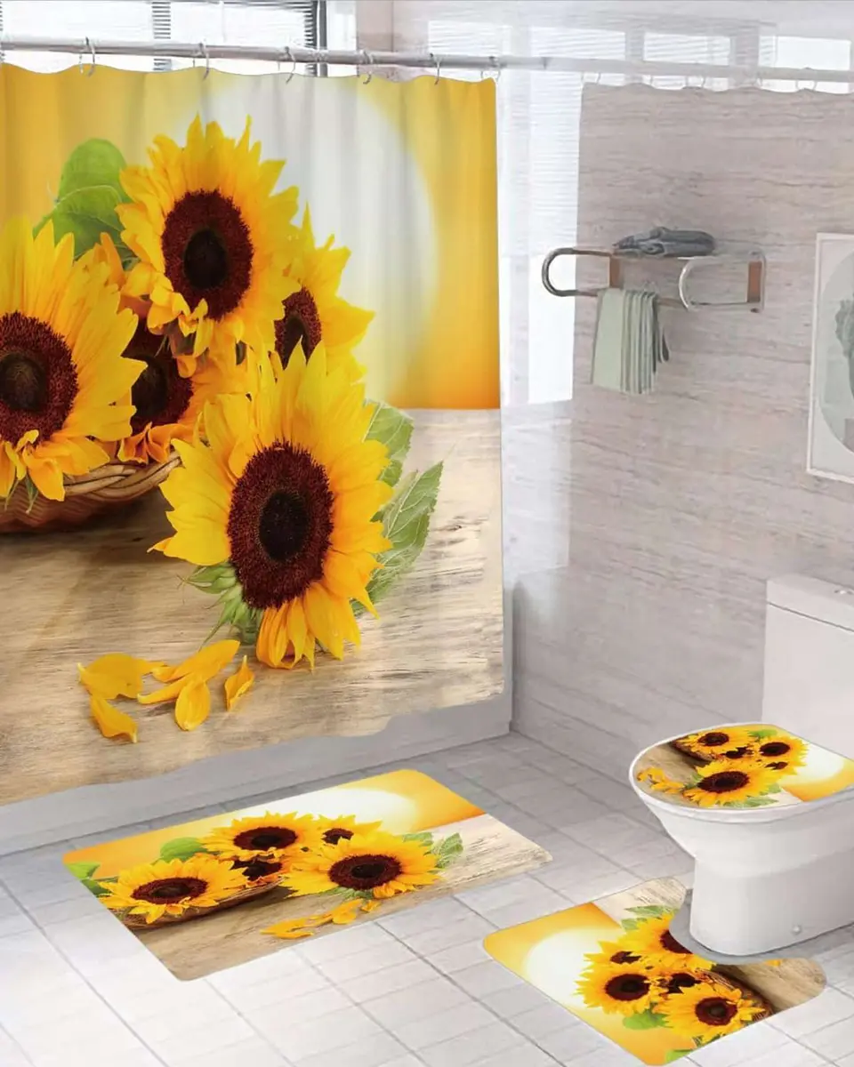 Juego 5 piezas con Cortina de baño de Tela Poliéster y  Forro de Ducha de Plástico 4