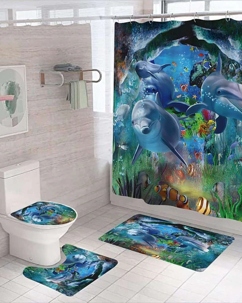 Juego 5 piezas con Cortina de baño de Tela Poliéster y  Forro de Ducha de Plástico