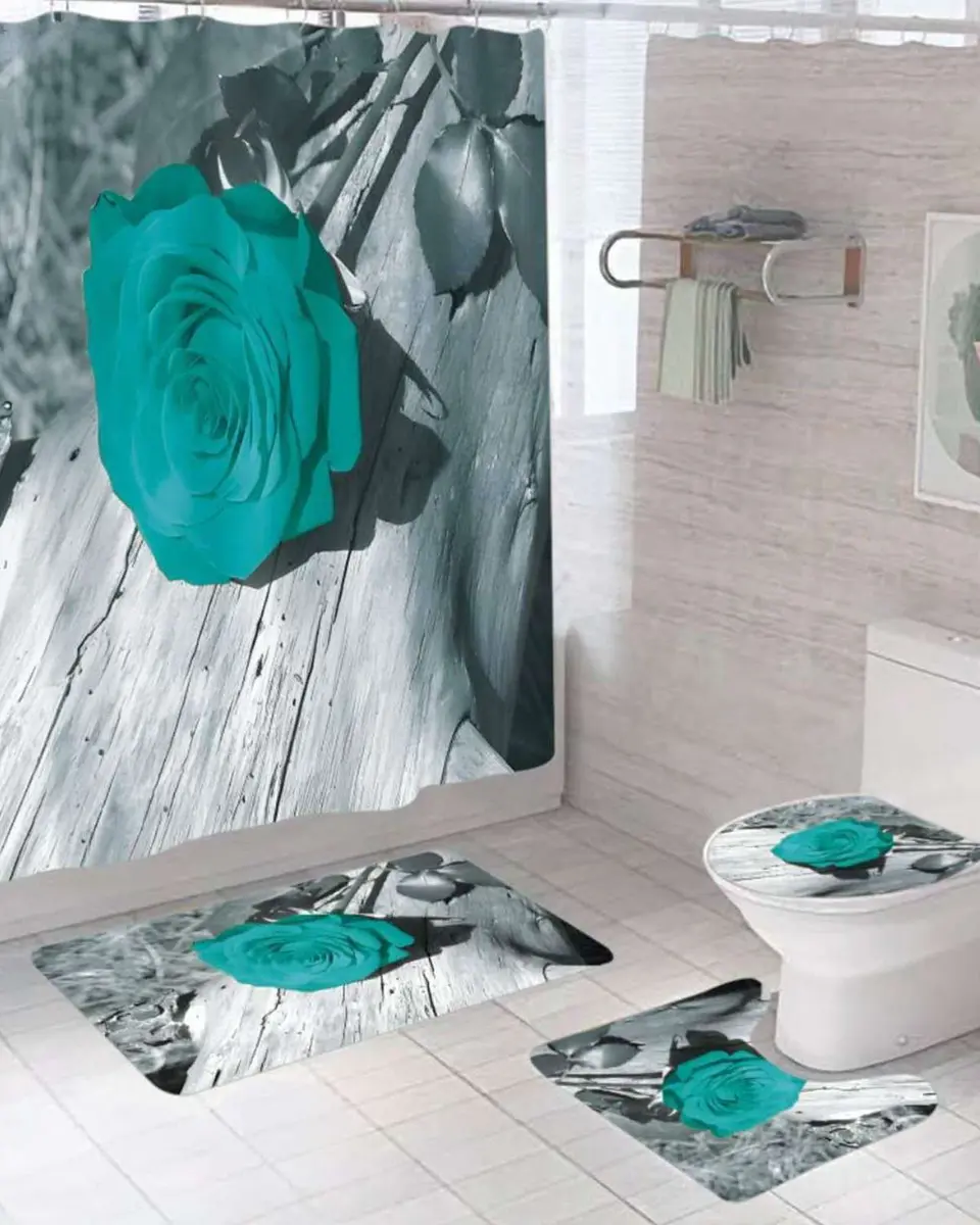 Juego 5 piezas con Cortina de baño de Tela Poliéster y  Forro de Ducha de Plástico 1