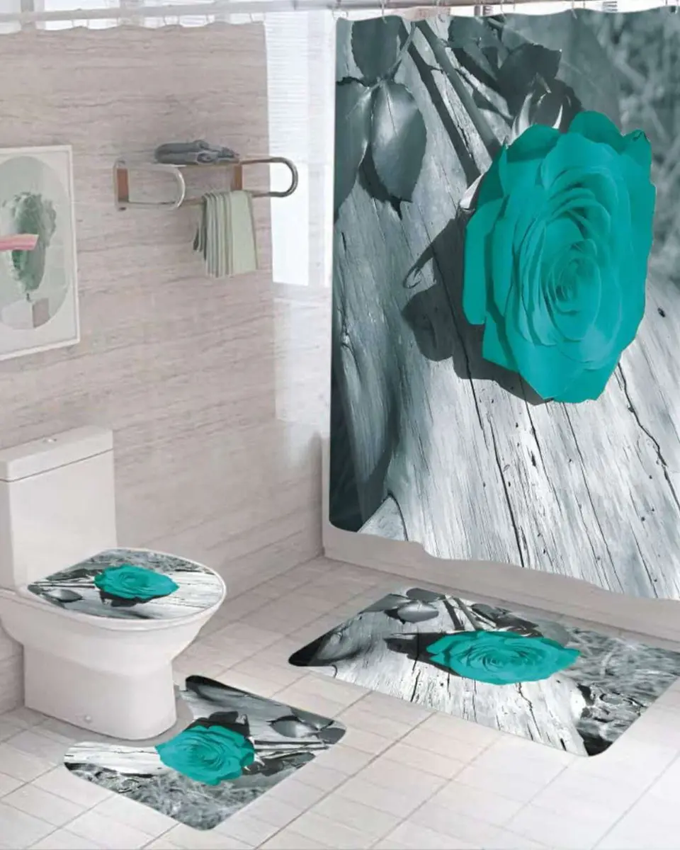 Juego 5 piezas con Cortina de baño de Tela Poliéster y  Forro de Ducha de Plástico 6