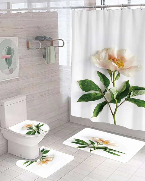 Juego 5 piezas con Cortina de baño de Tela Poliéster y  Forro de Ducha de Plástico