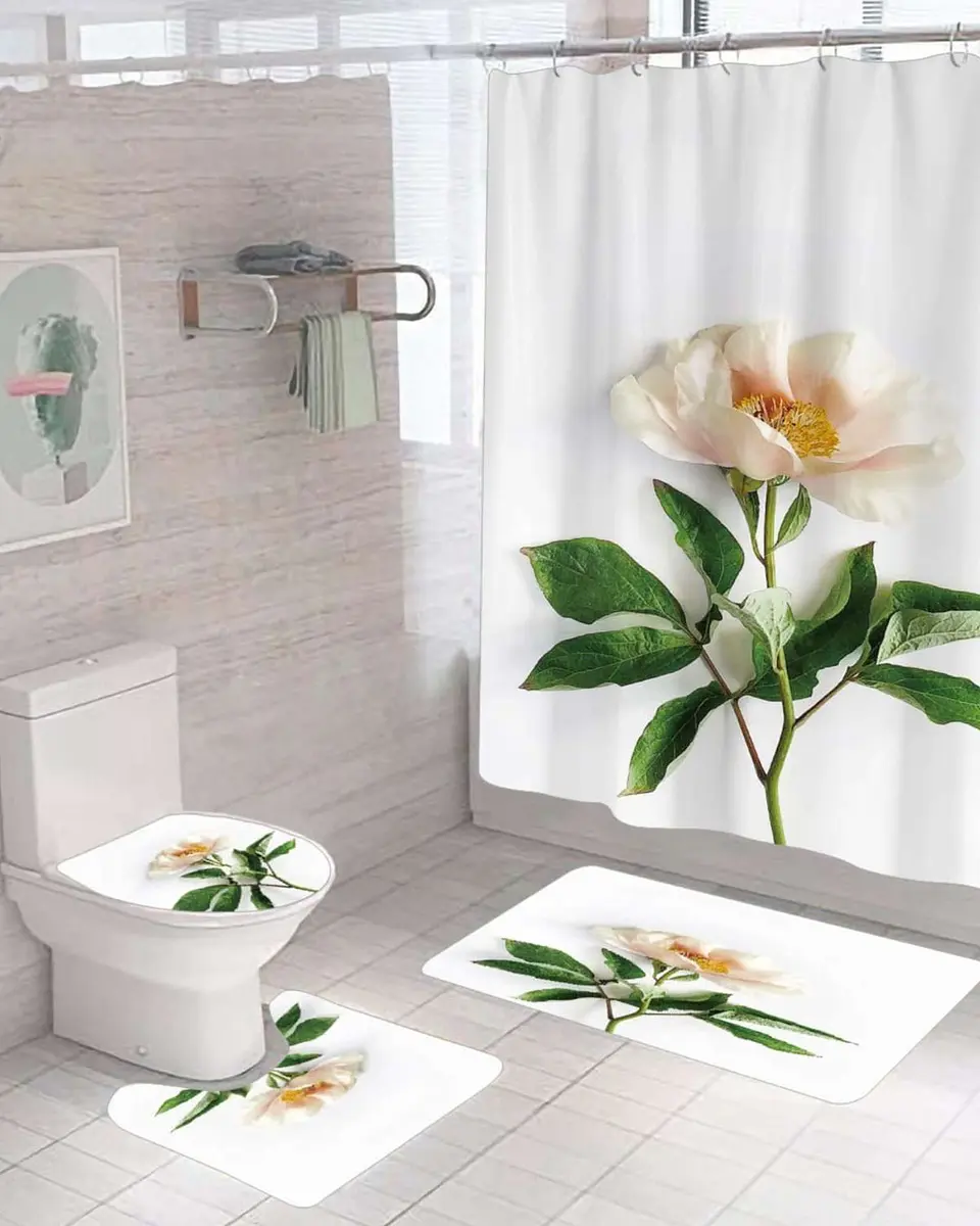 Juego 5 piezas con Cortina de baño de Tela Poliéster y  Forro de Ducha de Plástico 1