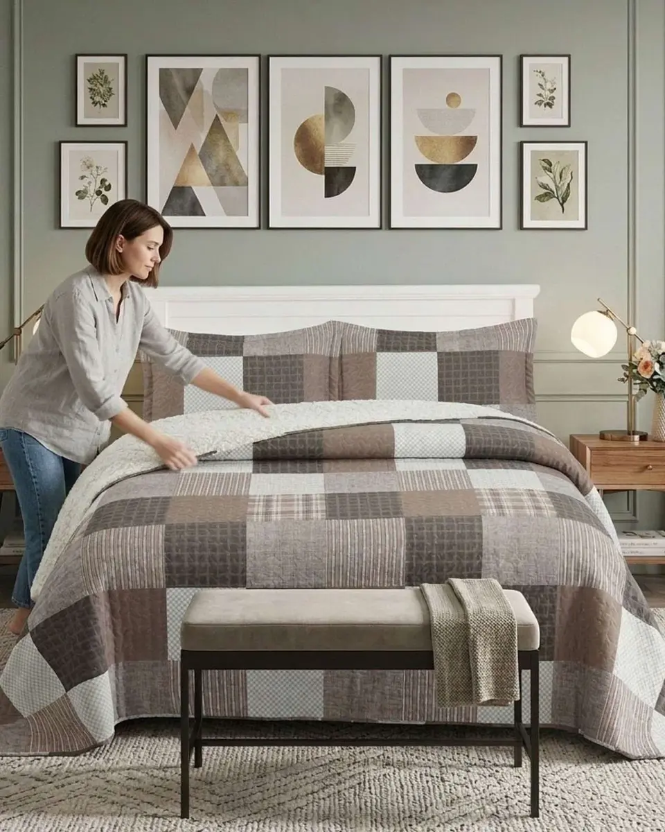 Cubrecama Quilt Con Sherpa Plaza y Media Diseño Elegante 180x230cm 1