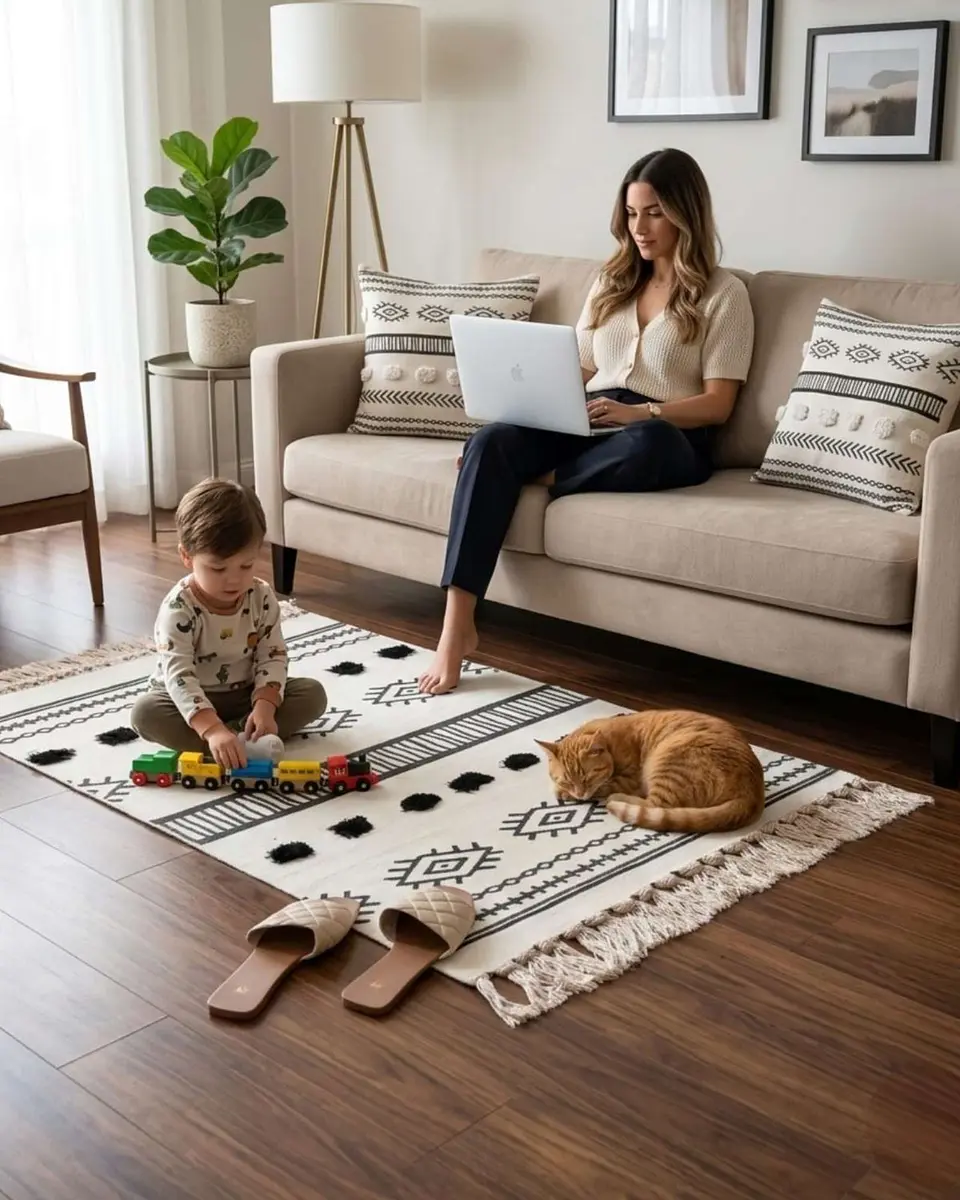 Pack Alfombra 60x90 cm + 2 Fundas de Cojín con Bordado Tufting y Flecos 2