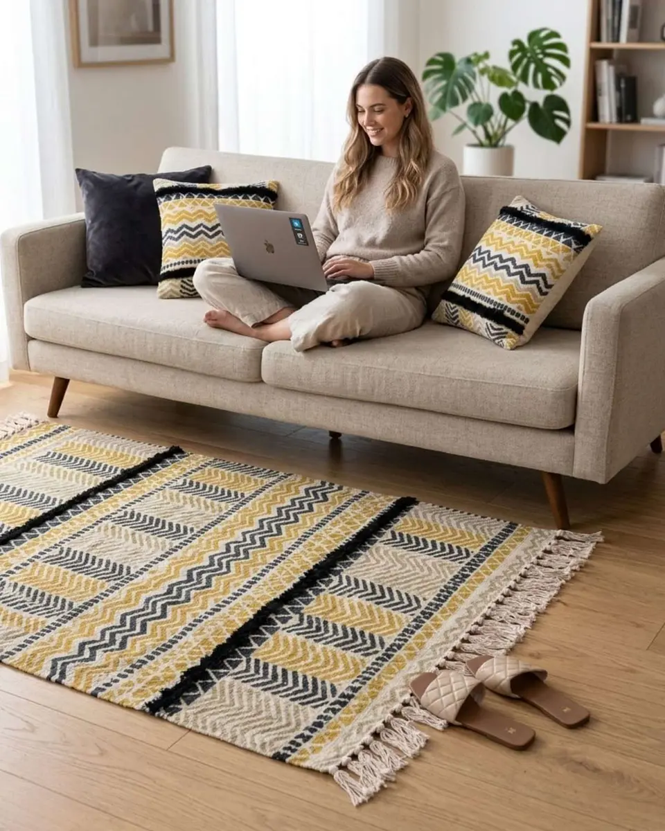 Pack Alfombra 60x90 cm + 2 Fundas de Cojín con Bordado Tufting y Flecos 1