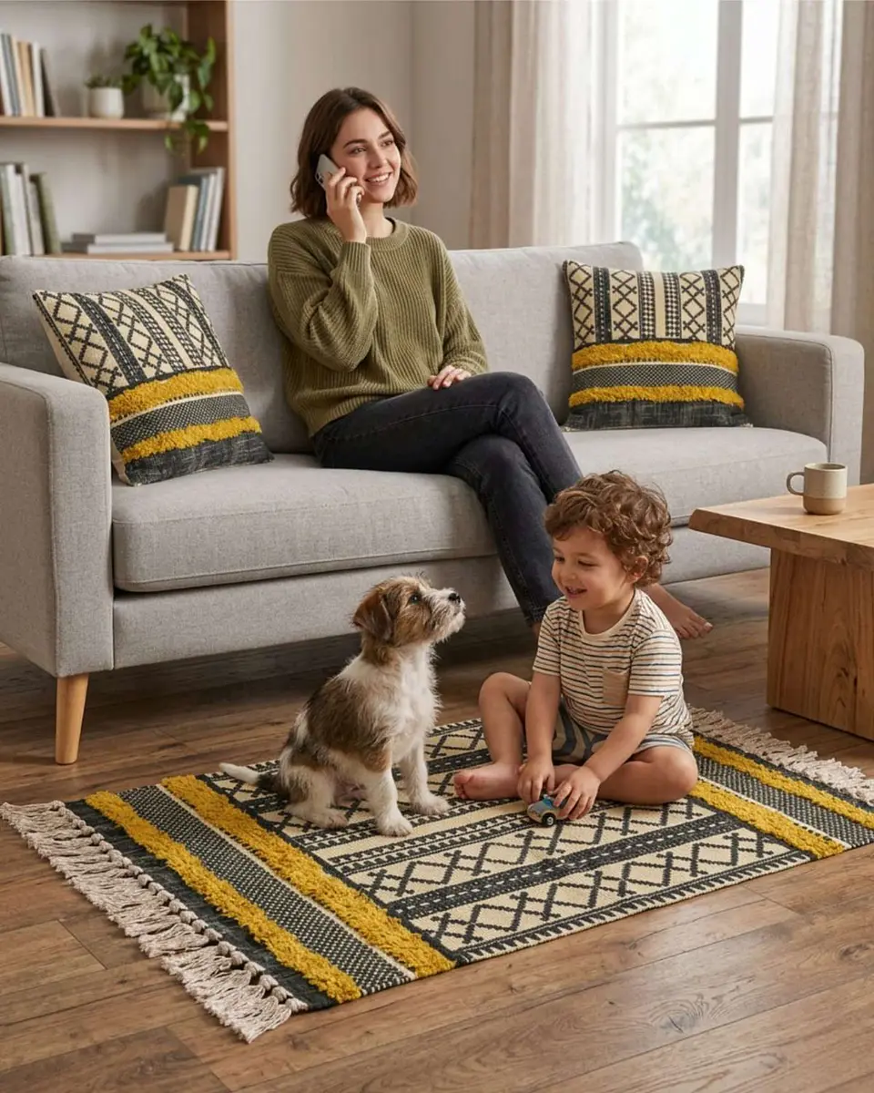 Pack Alfombra 60x90 cm + 2 Fundas de Cojín con Bordado Tufting y Flecos 2