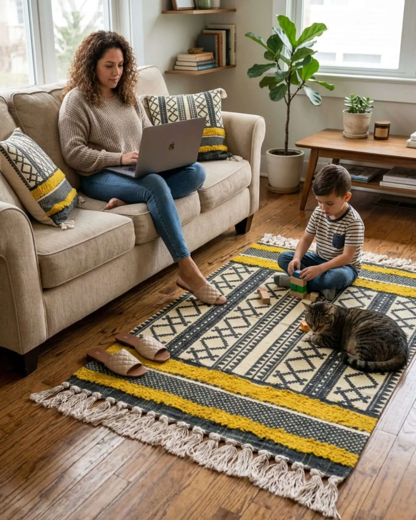 Pack Alfombra 60x90 cm + 2 Fundas de Cojín con Bordado Tufting y Flecos 3