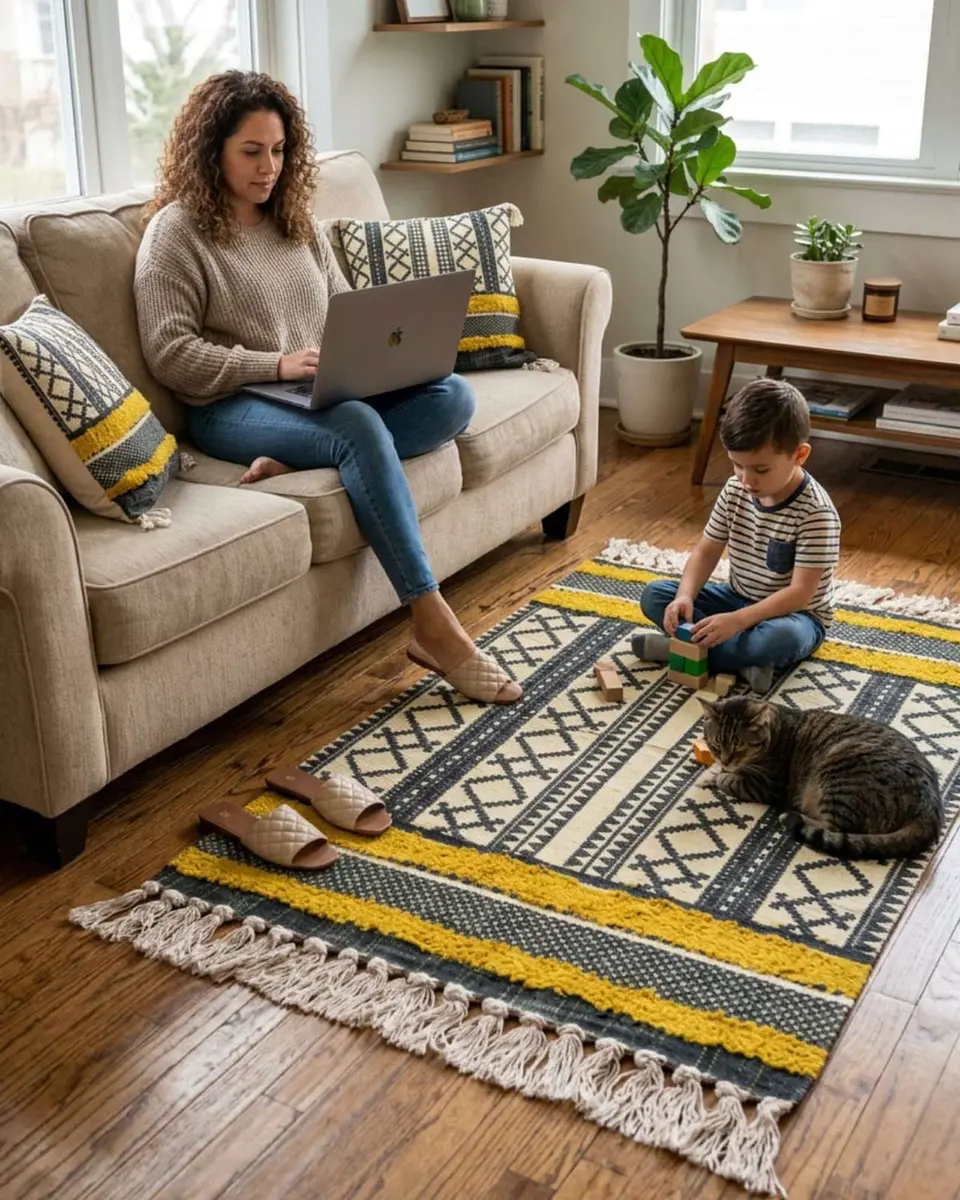 Pack Alfombra 60x90 cm + 2 Fundas de Cojín con Bordado Tufting y Flecos 3