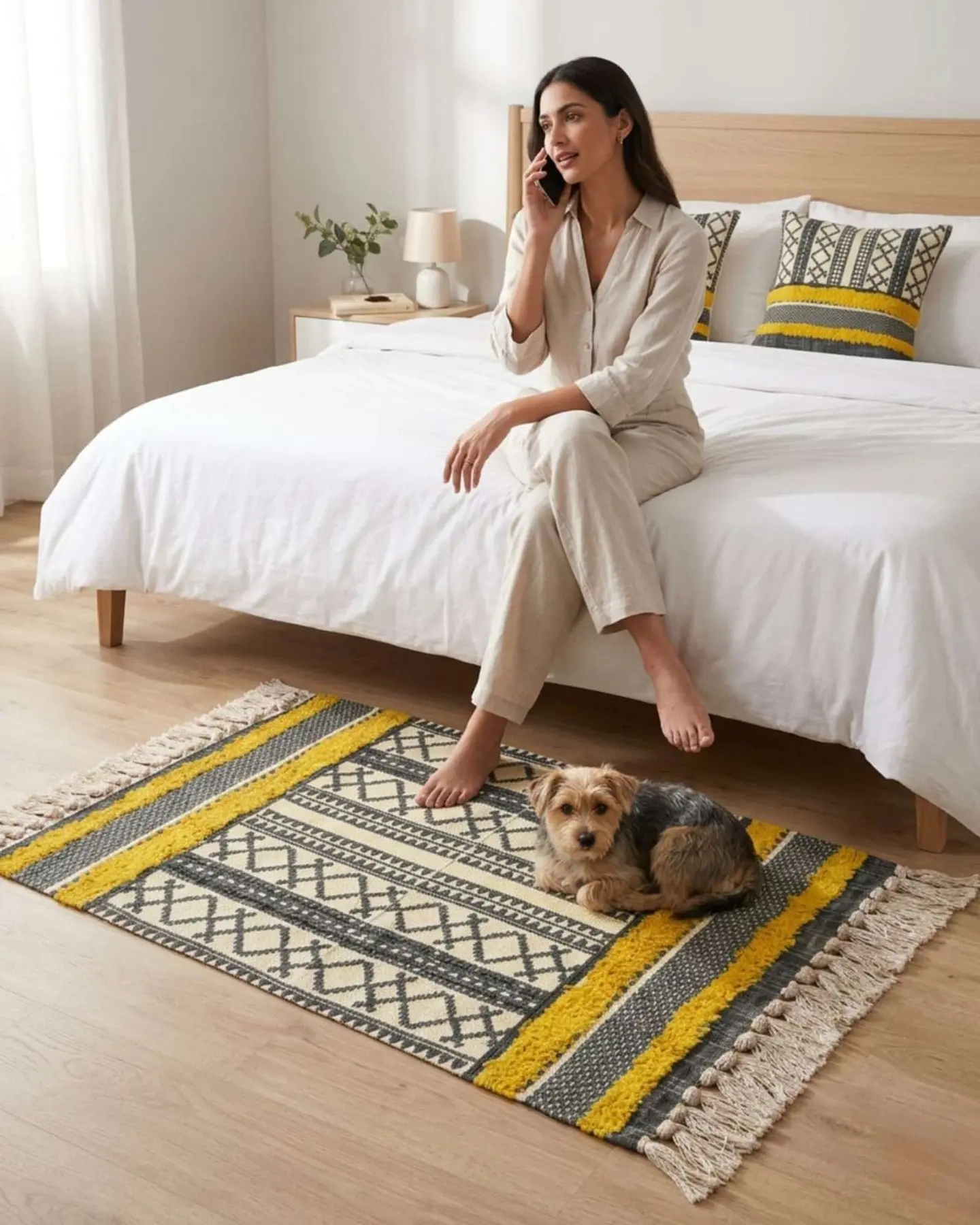 Pack Alfombra 60x90 cm + 2 Fundas de Cojín con Bordado Tufting y Flecos 4