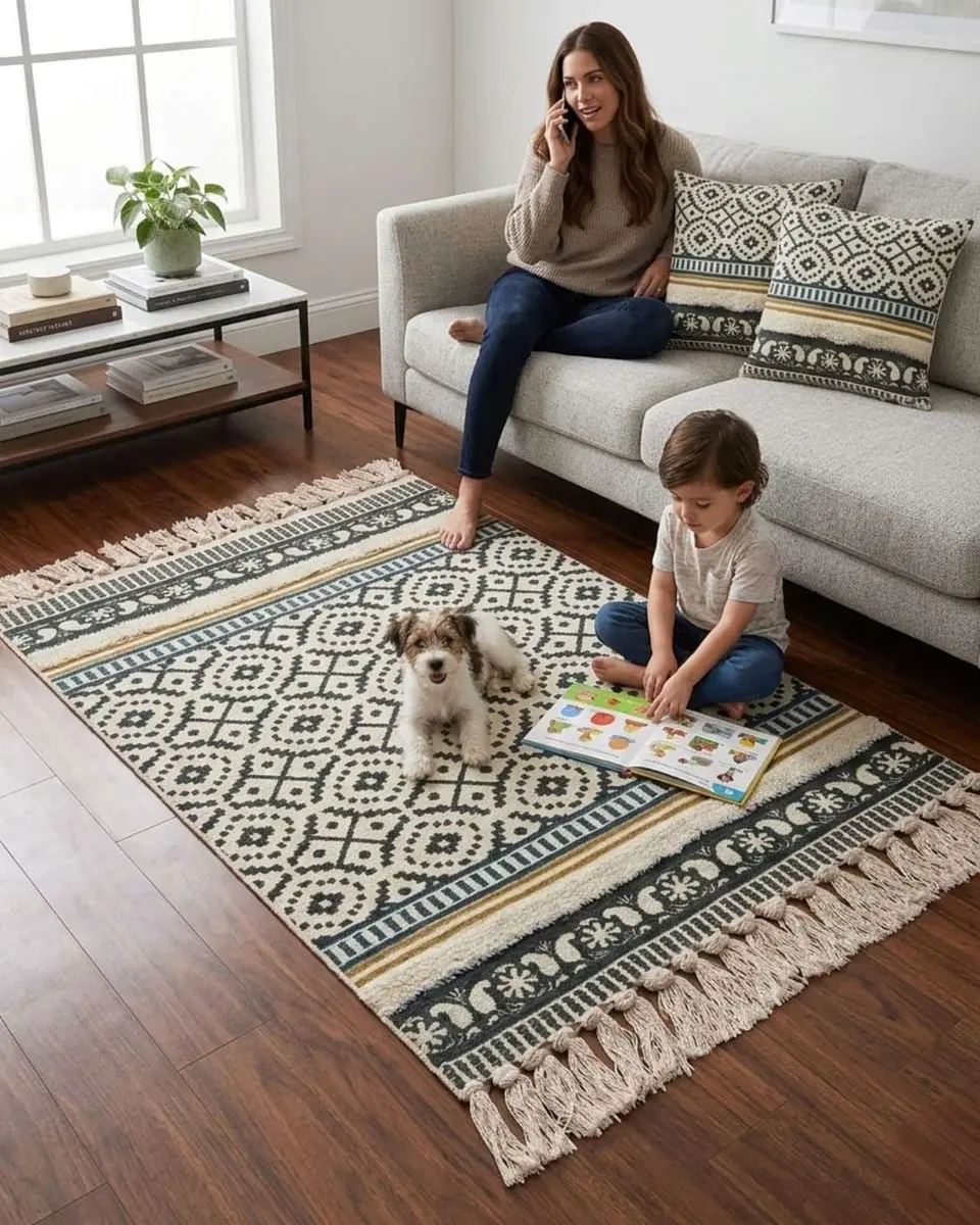 Pack Alfombra 60x90 cm + 2 Fundas de Cojín con Bordado Tufting y Flecos 2