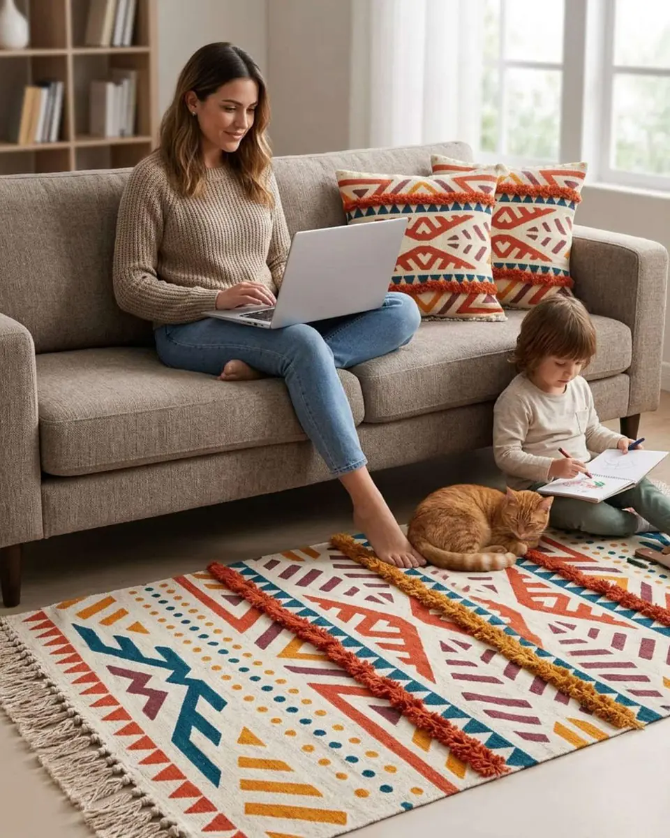 Pack Alfombra 60x90 cm + 2 Fundas de Cojín con Bordado Tufting y Flecos 2