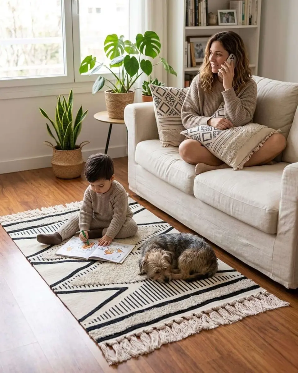Pack Alfombra 60x90 cm + 2 Fundas de Cojín con Bordado Tufting y Flecos 1