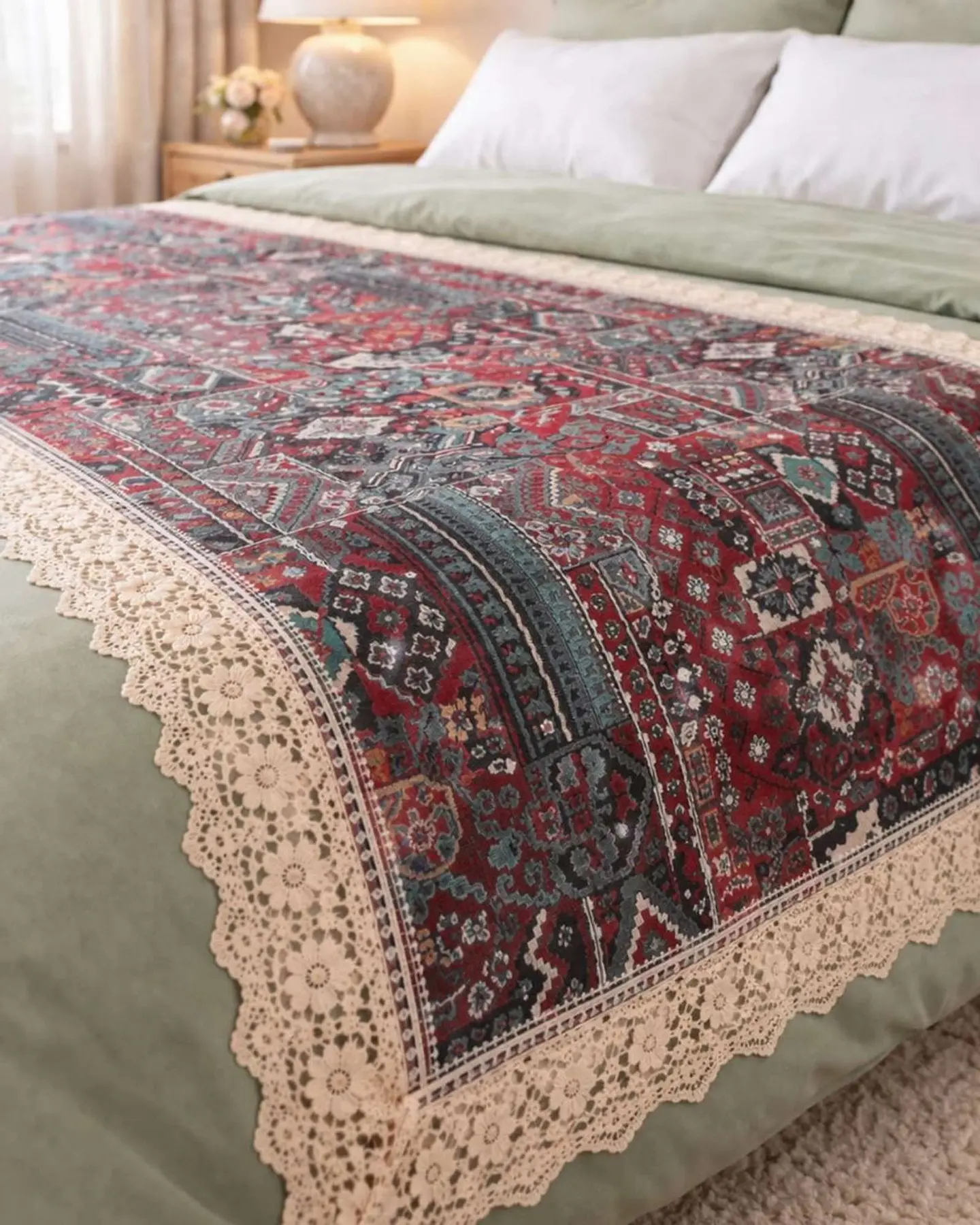 Piecera de Cama Estilo Bohemio con Encaje - Multiuso 80x200 cm 1