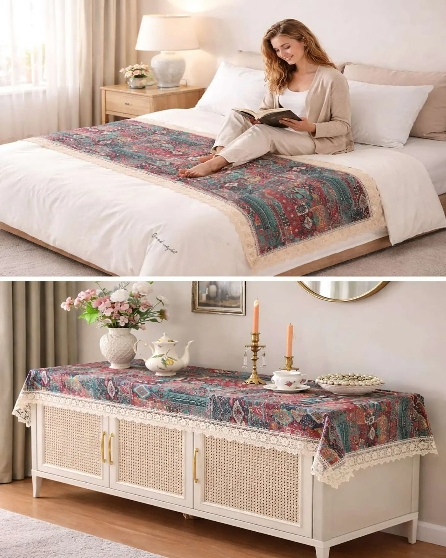 Piecera de Cama Estilo Bohemio con Encaje - Multiuso 80x200 cm 2