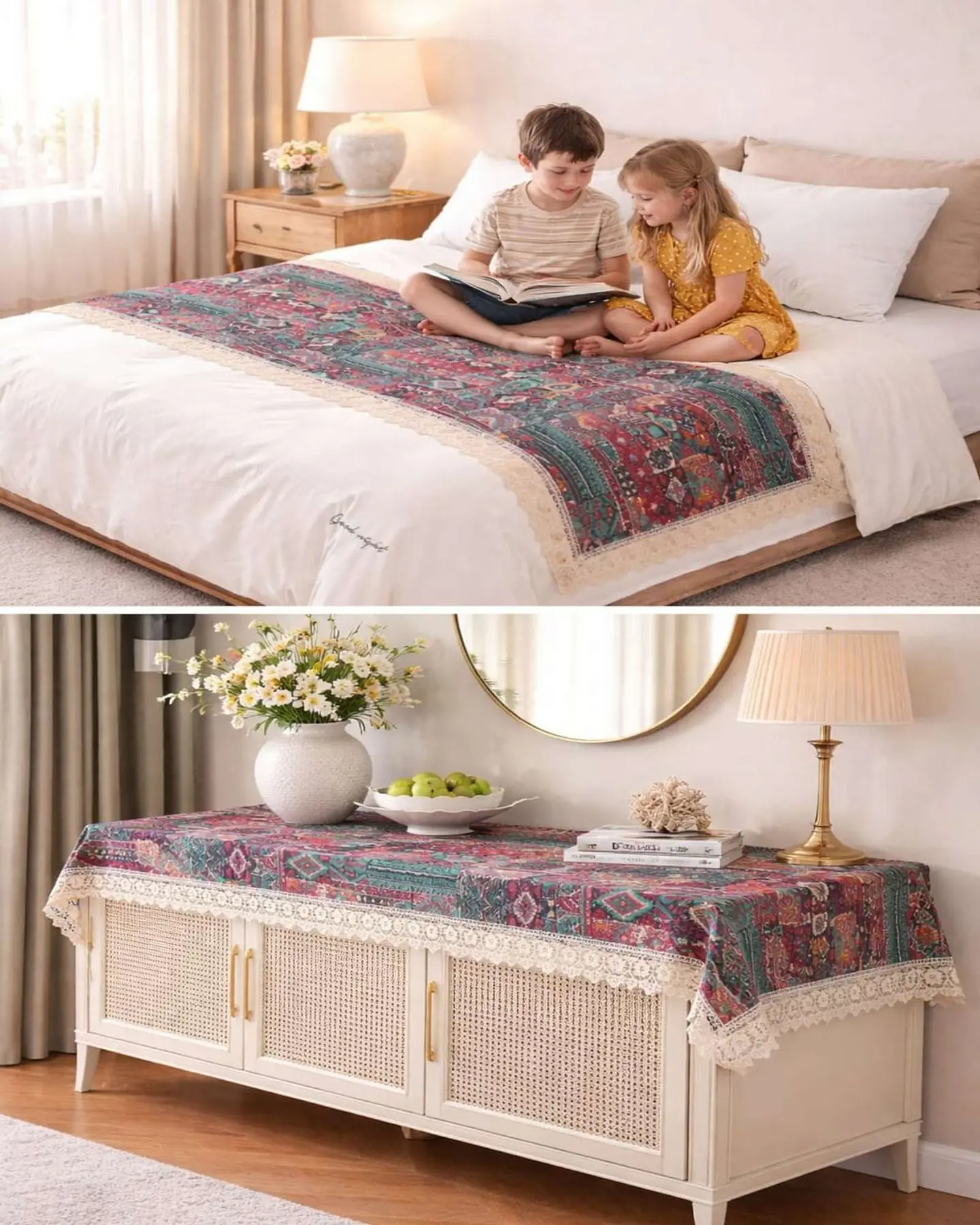 Piecera de Cama Estilo Bohemio con Encaje - Multiuso 80x200 cm 3