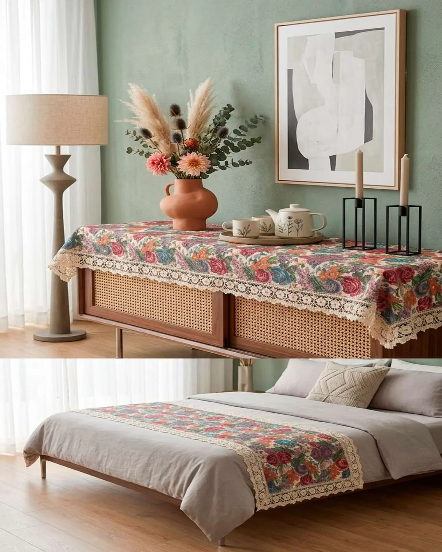 Piecera de Cama Estilo Bohemio con Encaje - Multiuso 80x200 cm 1