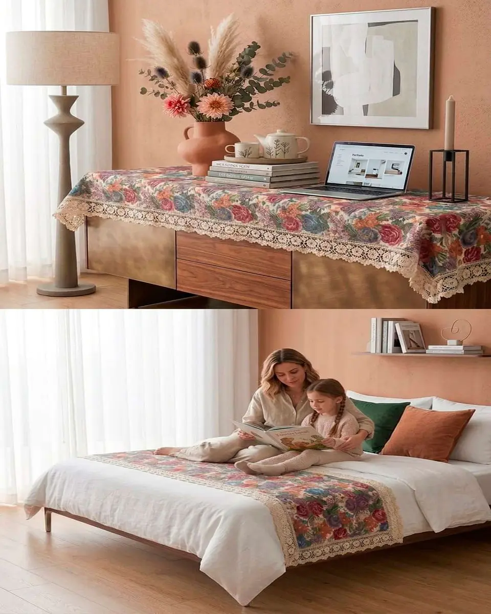 Piecera de Cama Estilo Bohemio con Encaje - Multiuso 80x200 cm 2