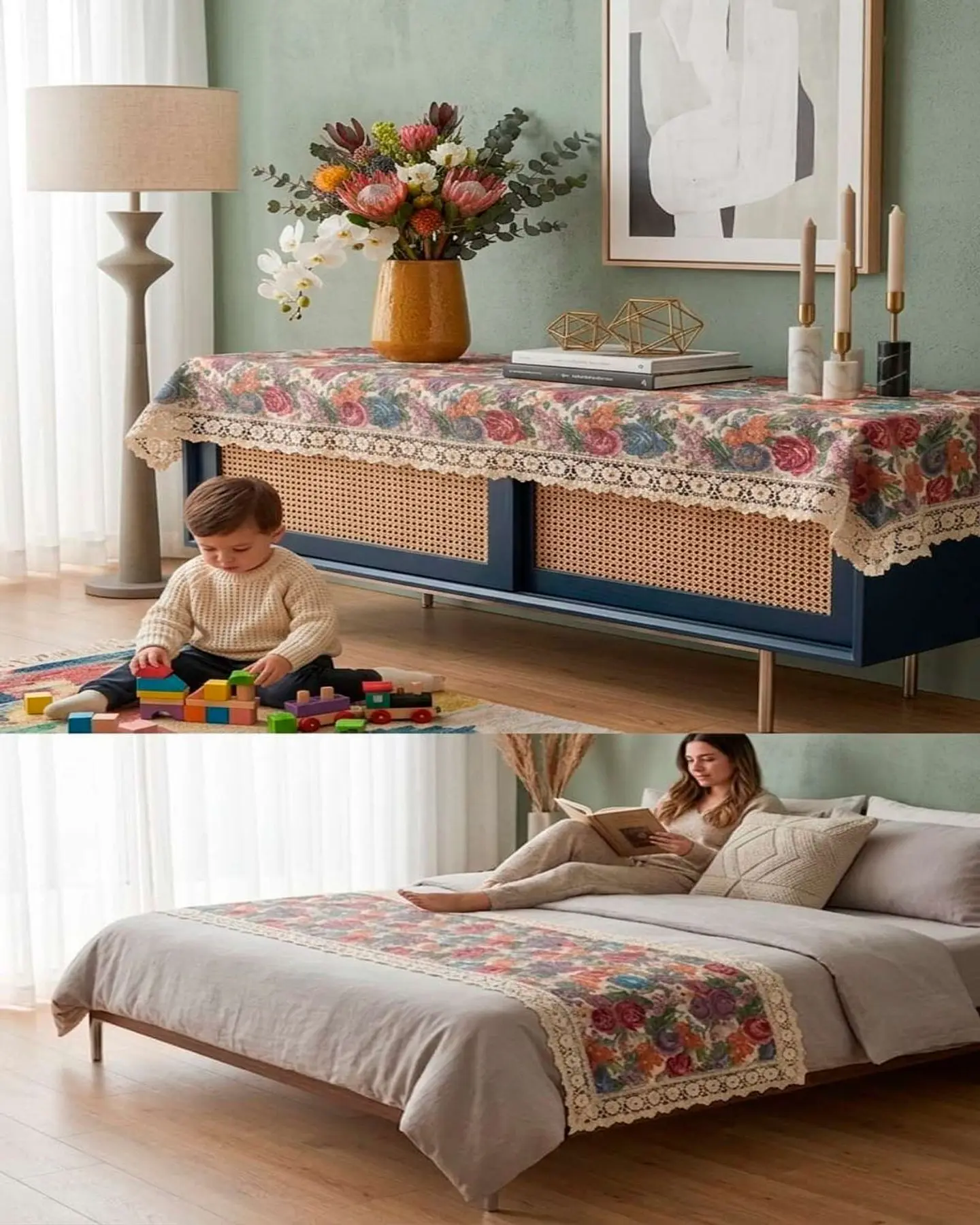 Piecera de Cama Estilo Bohemio con Encaje - Multiuso 80x200 cm 3