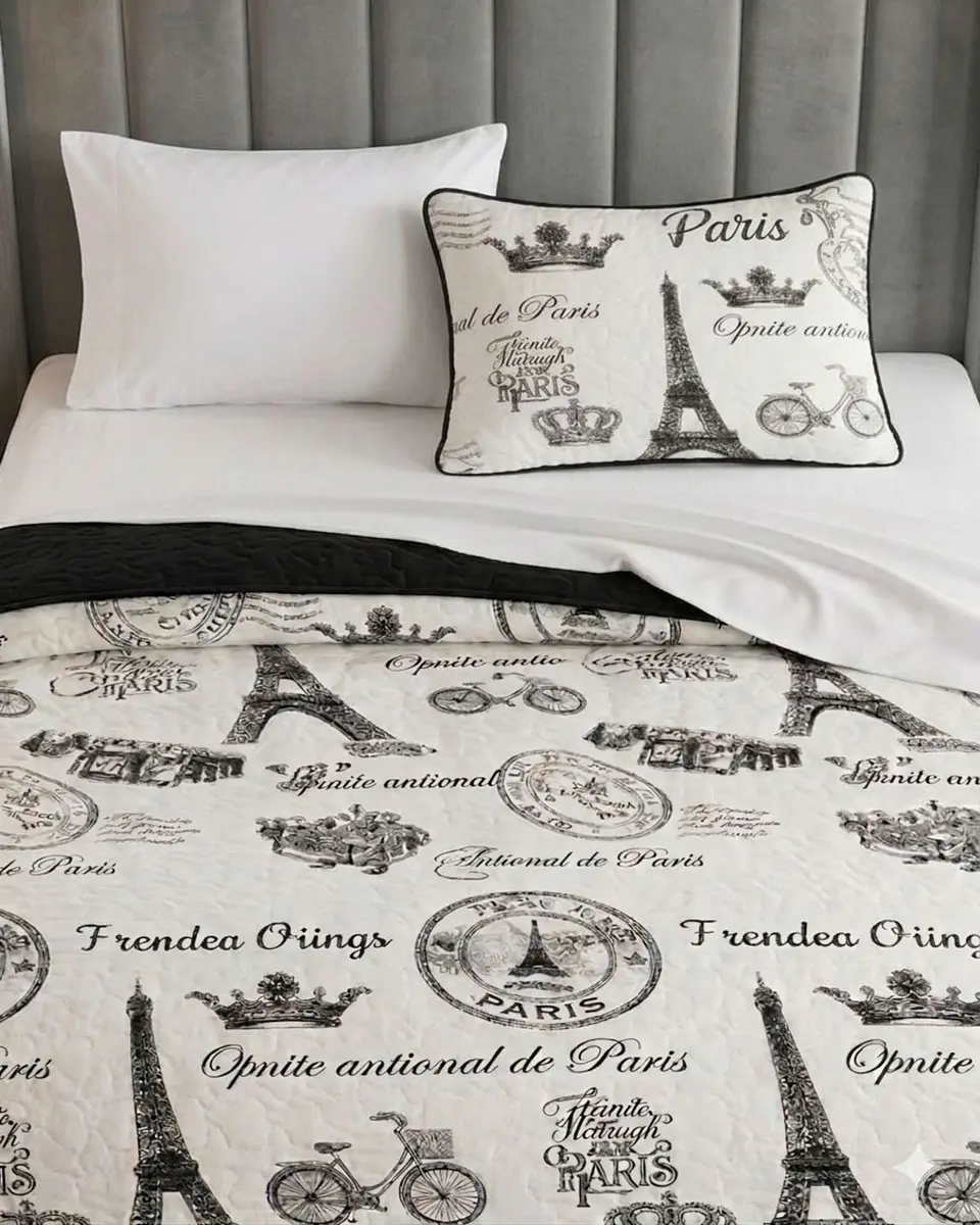 Pack Plaza y Media Quilt de Verano Torre Eiffel + Sábanas Blancas 1