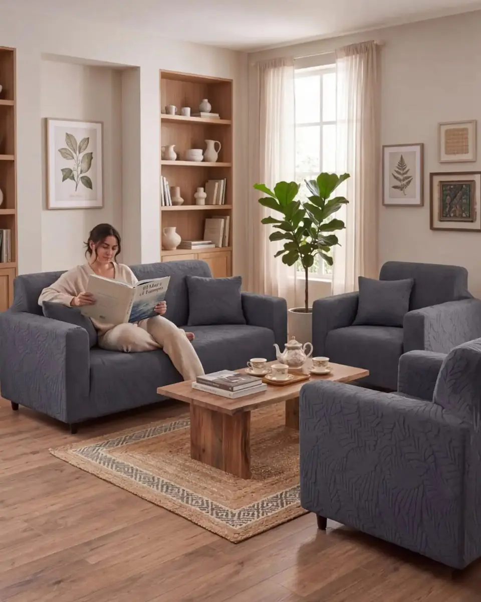 Juego de Fundas para Sillones 3+1+1 Diseño Hojas Elásticas y Lavables 2