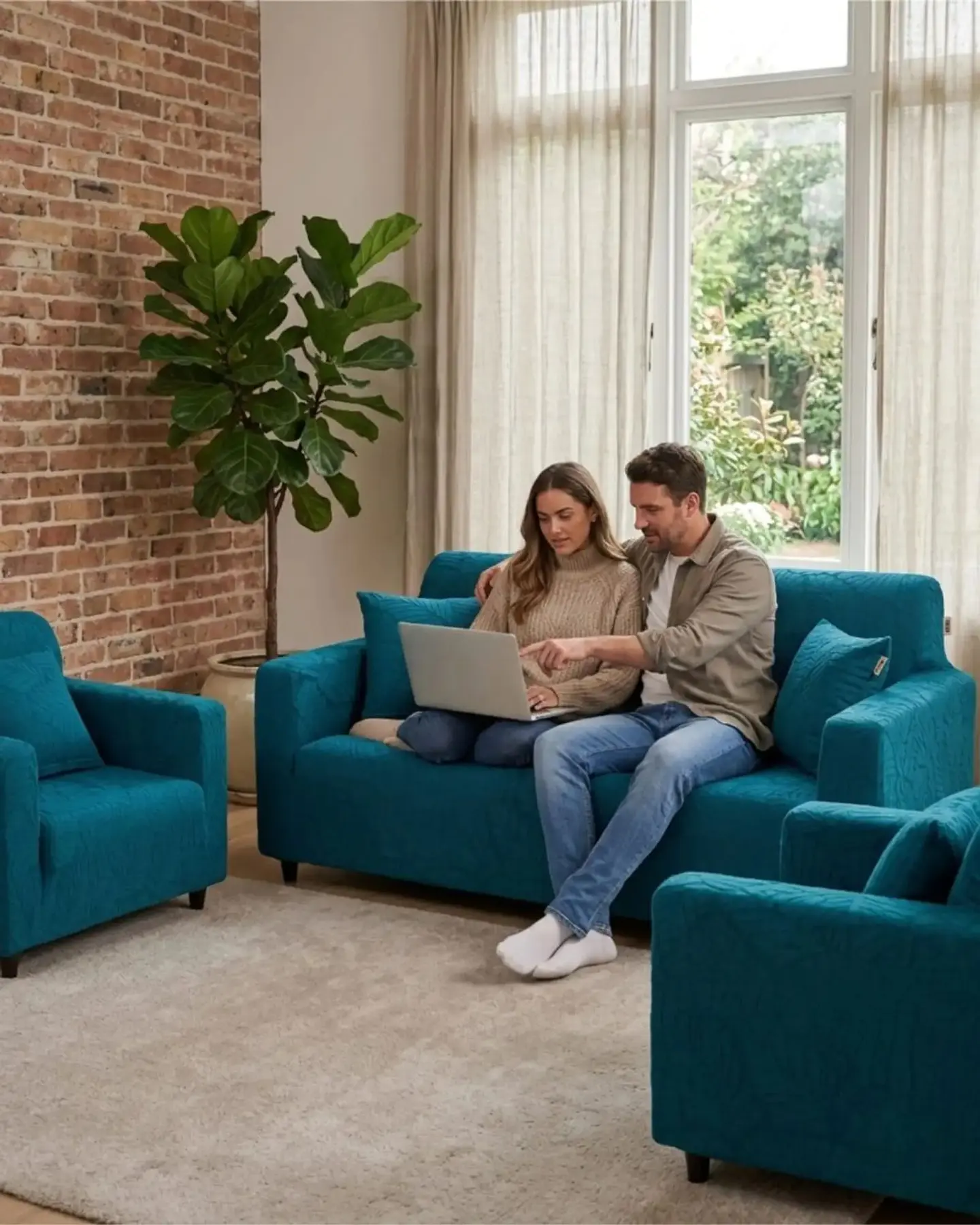 Juego de Fundas para Sillones 3+1+1 Diseño Hojas Elásticas y Lavables 2