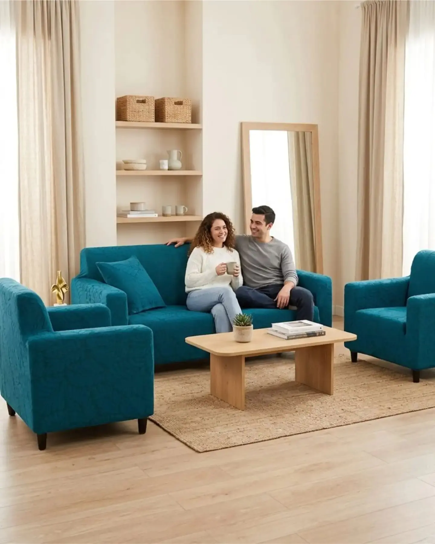 Juego de Fundas para Sillones 3+1+1 Diseño Hojas Elásticas y Lavables 3
