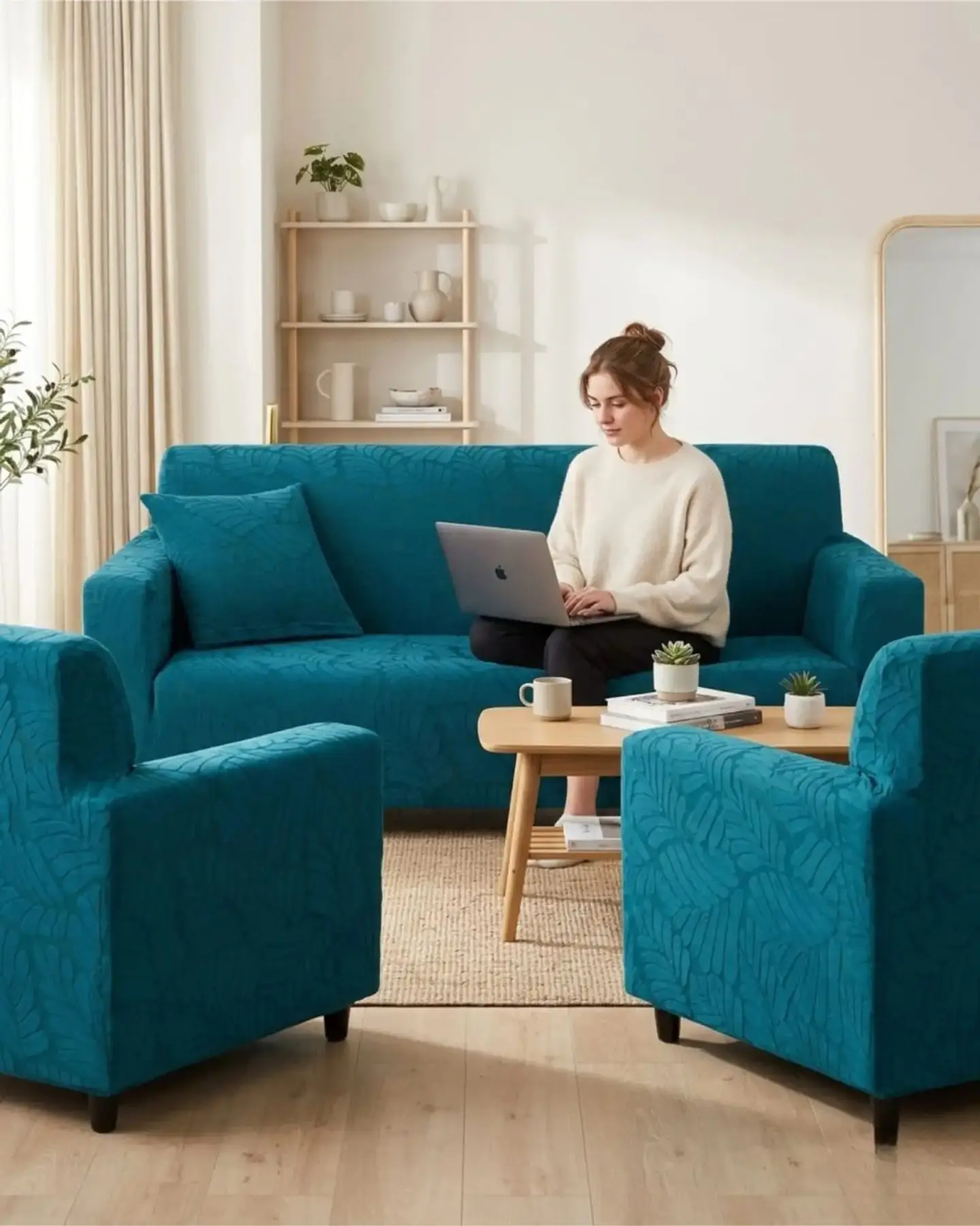Juego de Fundas para Sillones 3+1+1 Diseño Hojas Elásticas y Lavables 4