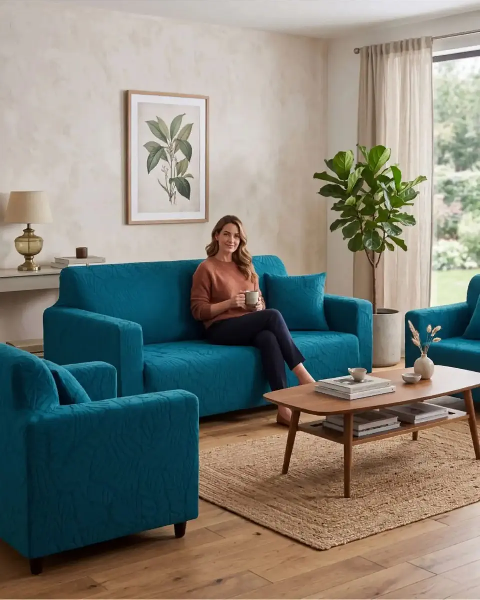 Juego de Fundas para Sillones 3+1+1 Diseño Hojas Elásticas y Lavables 5