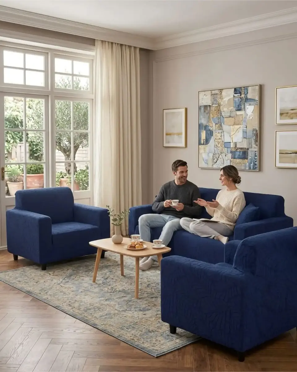 Juego de Fundas para Sillones 3+1+1 Diseño Hojas Elásticas y Lavables 2