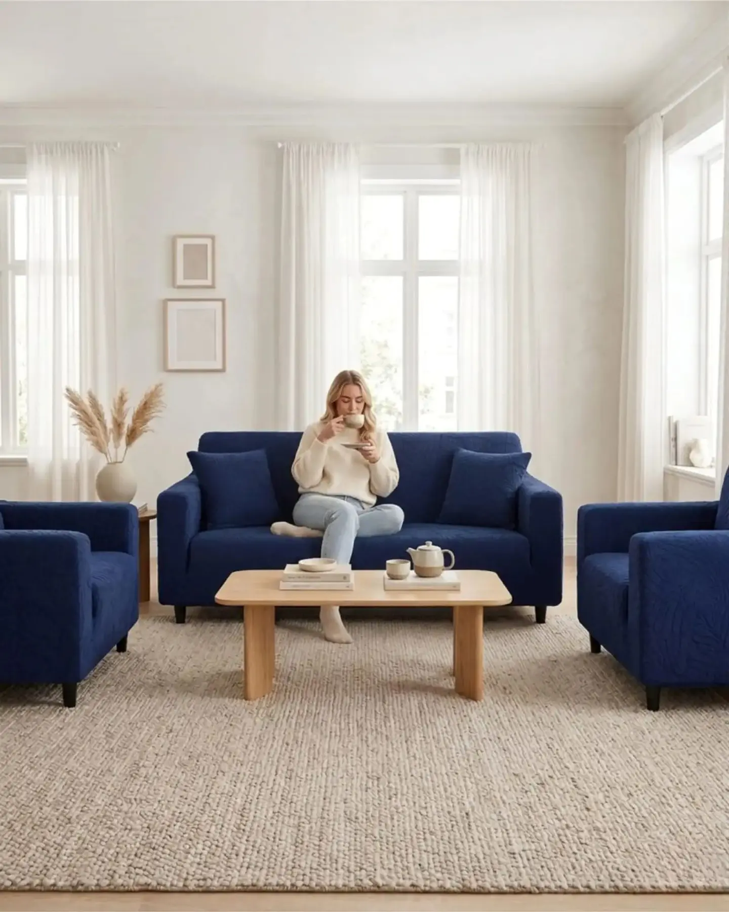 Juego de Fundas para Sillones 3+1+1 Diseño Hojas Elásticas y Lavables 4