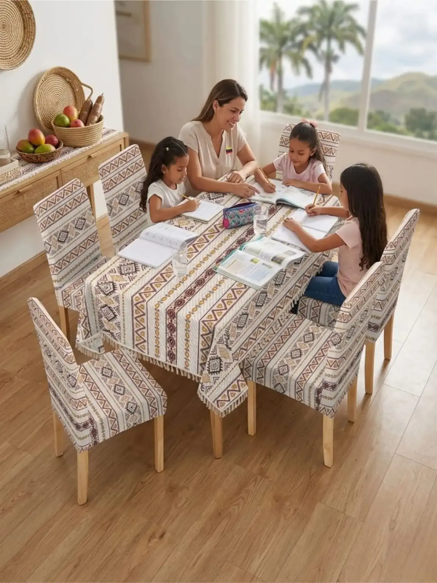 Set de Mantel Antimanchas + 6 Fundas Sillas Elásticas 7