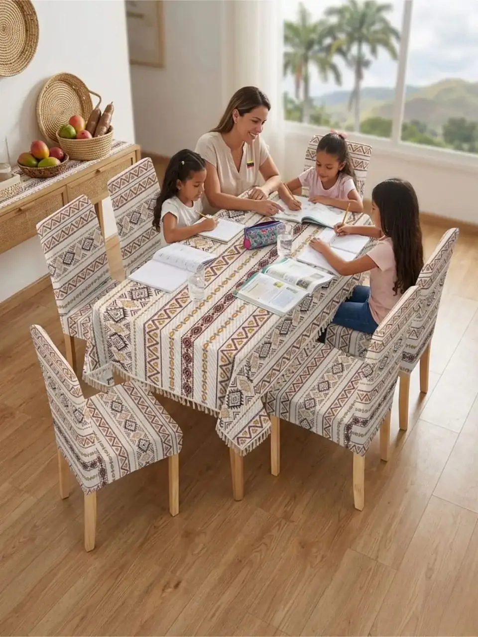 Set de Mantel Antimanchas + 6 Fundas Sillas Elásticas 7