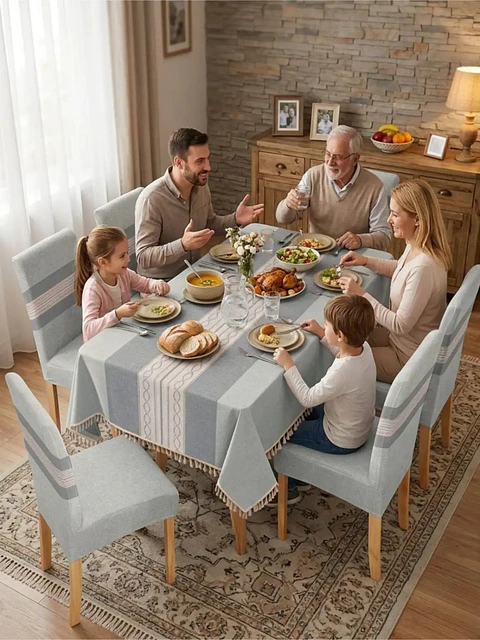 Set de Mantel Antimanchas + 6 Fundas Sillas Elásticas