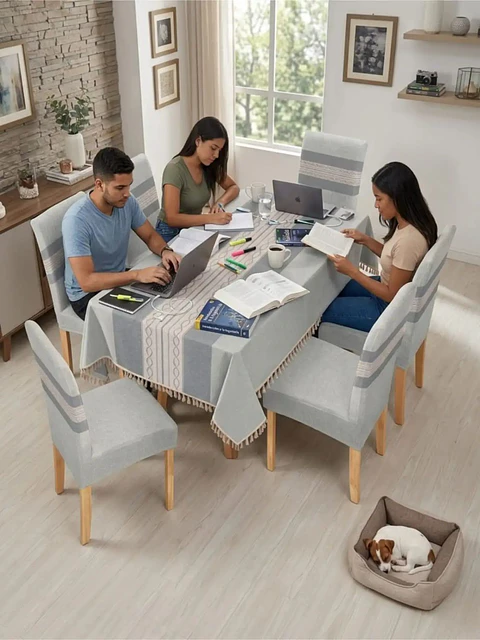 Set de Mantel Antimanchas + 6 Fundas Sillas Elásticas