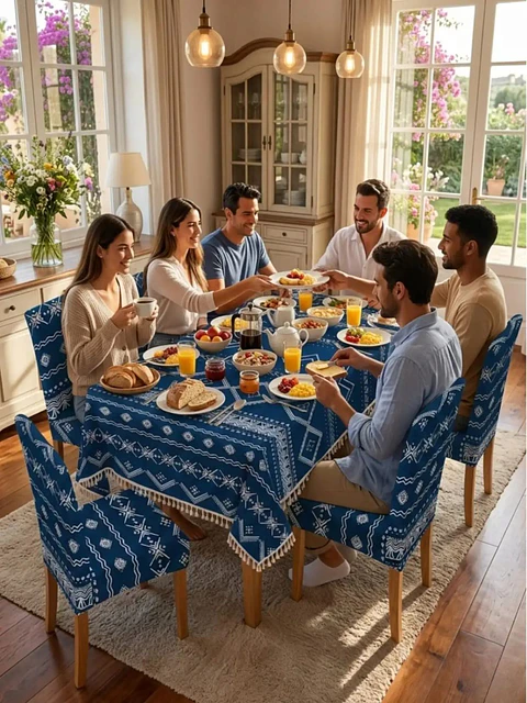 Set de Mantel Antimanchas + 6 Fundas Sillas Elásticas